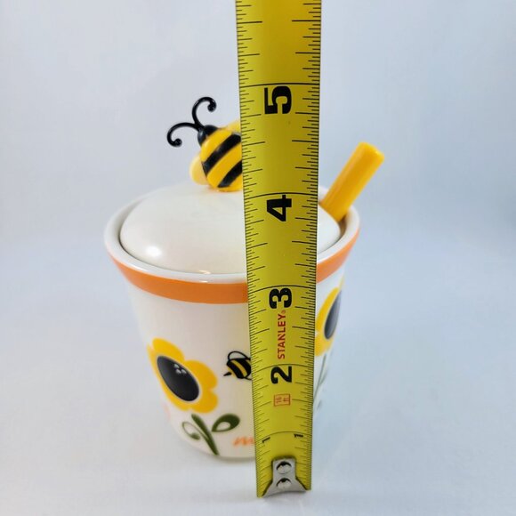 Sunflower Honey Pot Jar Bee Joie Ceramic Dipper White Yellow Flower Miel Read - Picture 10 of 11